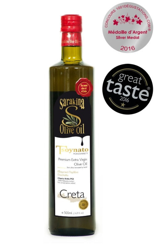 500ml Extra Virgin Sarakina Olive Oil, from Sarakina Sfakia Crete. Tsounato quality Mono Variety not a blend.